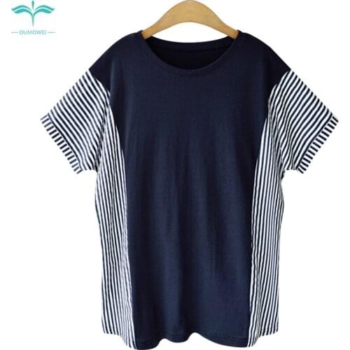 OUMOWEI Women T-Shirt Striped & Solid Color Stitching Short Sleeve T-Shirt Big Size Summer Tops For Women O-Neck Cotton Shirt