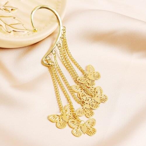 Minar Fairy Hollow Metallic Butterfly Clip Earrings for Women Gold Color Alloy Simulation Wing Long Tassel Earrings Oorbellen