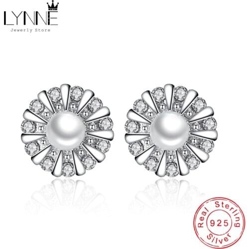 New Fashion Pearl Sun Flower Round Stud Earrings 925 Sterling Silver Rhinestone Sunflower Collar Ear Stud Women Wedding Jewelry