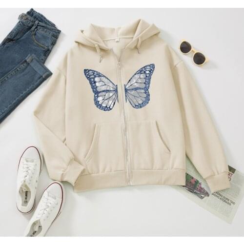 Butterfly Jacket Zip Up Women Hoodies Cotton Velvet Zipper Sweatshirt Female Oversized Hoodie Retro Street Wear E Girls Y2K Top