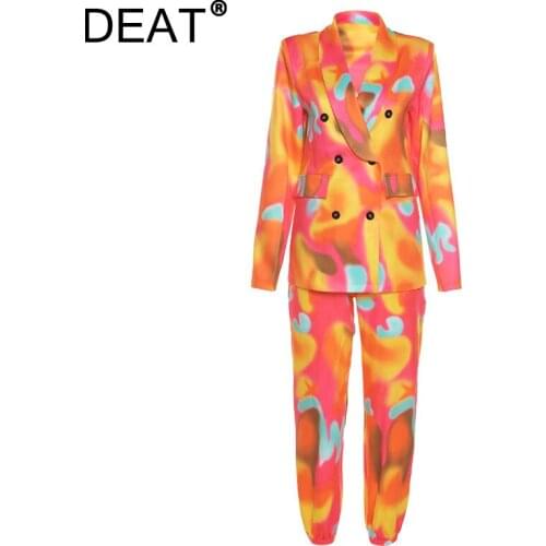 DEAT 2021 Autumn New Fashion Tide Turn-down Collar Double Breasted Tie Dye Printing Blazer Pants Women Two-piece Sets 13Z1494