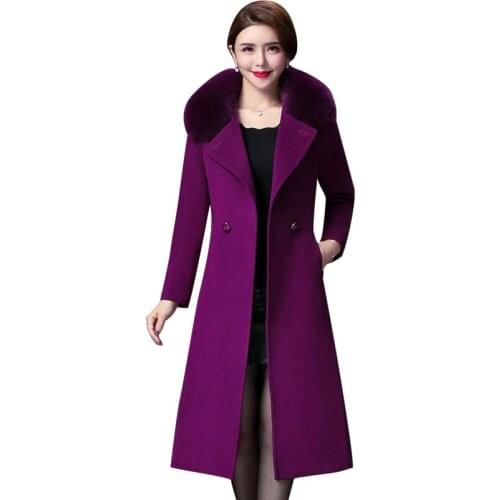 Big Fur Collar Woolen Coat Women Plus Size Belt Knee-Length Double Breasted Mid-Long Woolen Jacket For Autumn Winter Outcoat