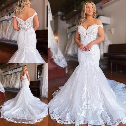 Elegant White Lace Wedding Dress 2021 Mermaid Off The Shoulder Plus Size Bridal Gowns Covered Button Outdoor Marriage Dresses