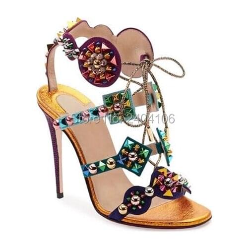 Celebrity Runway Style Party Wedding Shoes Women Mixed Colors Rivet Studded Sandals Summer High Heels Lace Up Sandalia Feminina