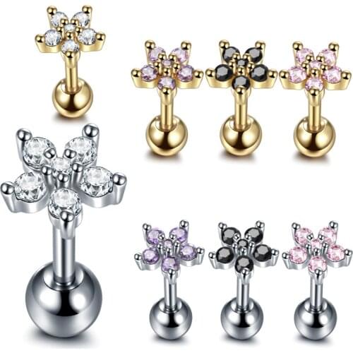 1Pc Medical Stainless Steel Zircon Ear Studs Earrings For Women Crystal Flower Studs Tragus Cartilage Body Piercing Jewelry