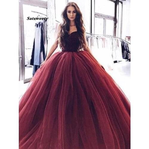 2020 Ball Gown Burgundy Tulle Strapless Sweetheart Prom Dresses Quinceanera Dresses