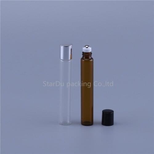 24 x 10ml Perfume Glass Roll on Bottle with Metal Ball Amber Clear Roller Essential Oil Vials Thin