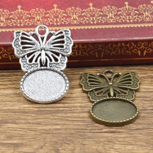 5pcs New 18x13mm Inner Size Antique Bronze Silver Color Oval Butterfly Style Cabochon Base Setting Charms Pendant