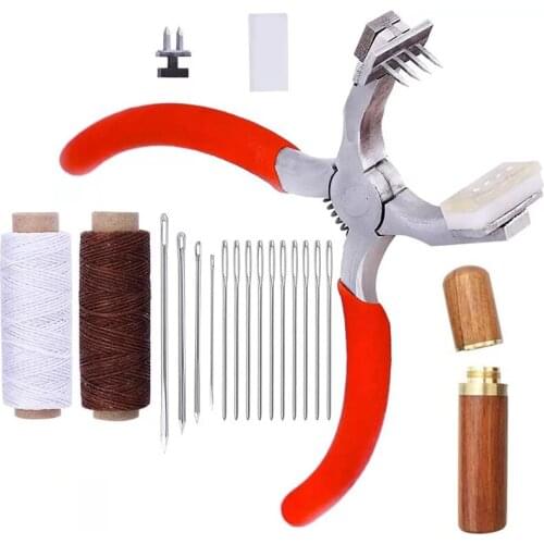 Imzay 4mm Silent Leather Hand Pliers(Rhombus 4 Teeth +2 Teeth) With Leather Needle,Wooden Needle Case,Waxed Thread