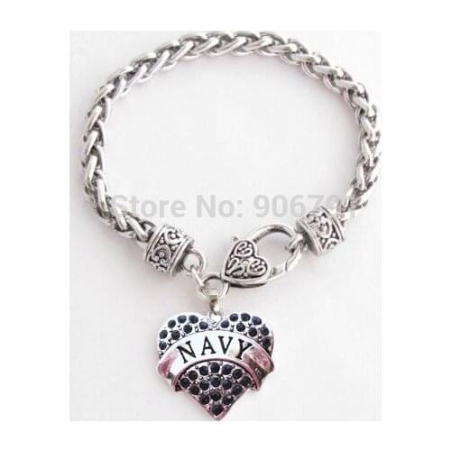 30pcs a lot antique silver Navy with dark blue Crystal Heart Lobster Claw Bracelet