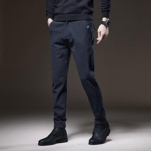 Brand Spring Autumn Winter Mens Pants Slim Casual Brushed Fabric Business Thick Trousers Male Black Blue Grey Pantalones 38