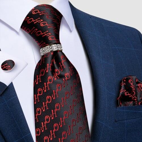 Black Red Letter Print Silk Ties For Men Christmas Men Necktie Formal Business Party Tie Hanky Cufflinks Set Tie Ring DiBanGu