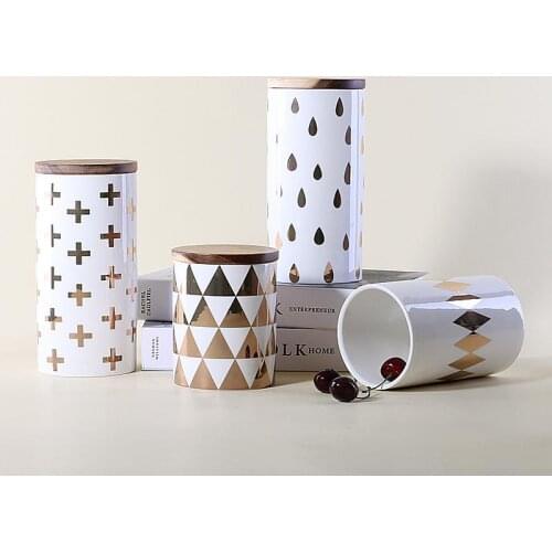 Nordic Style Simple Pattern Ceramics Storage Bottle Kitchen Spices Wooden Cover Storages Tank Coffee Candy Tea Container