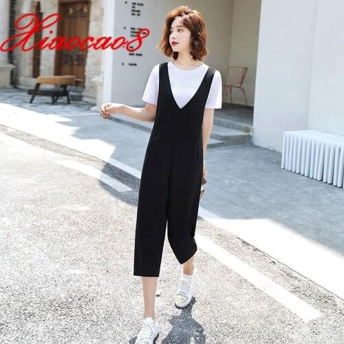 Summer Women Jumpsuits Oversize V Neck Pockets Calf Length Pants 2021 Fashion Casual Overalls For Women Black Gray Jumpsuit