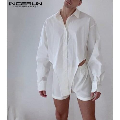 Fashion Long Sleeve Buttons Tops Elastic Shorts 2 Pieces INCERUN Mens Leisure Solid Color Sets Man Casual Irregular Suits S-5XL