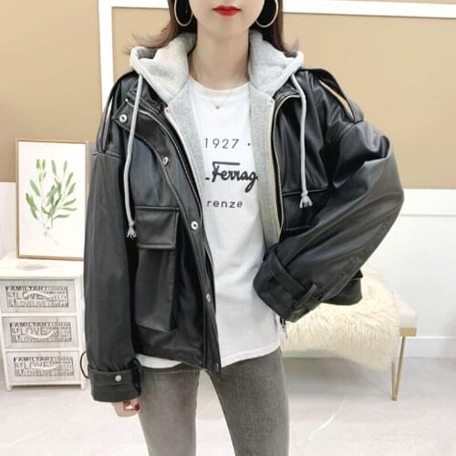 Trendy New Autumn Women Hooded Loose Black Pu Faux Leather Jacket Streetwear Moto Biker Zipper Pocket Windproof Coat Outwear