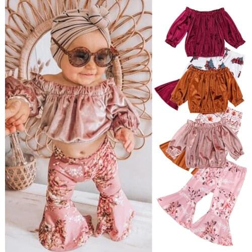 2pcs Set Toddler Autumn Outfits Party Kids Baby Girls Clothing Velvet Off Shoulder Long Sleeve Tops+Print Flare Pants Baby Set