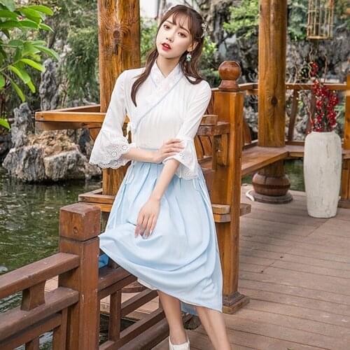 New summer 81050 han elements improved hanfu female embroidery/collar blouse horn sleeve dress in the spring and summer