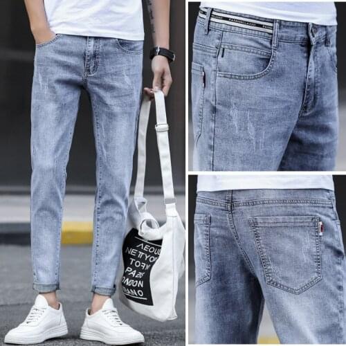 Fall new 2021 teenager denim jeans mens trendy brand stretch slim-fit Koreancasual light-colored teenager pencil pants