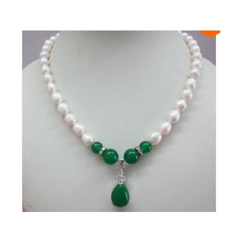 Lovely Fine 9-11MM Natural south sea Genuine White Pearl Necklace green gem pendant 17inch Nobility Womans jewelry Girl gift