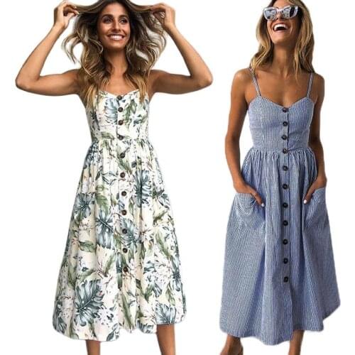 Vintage Casual Sundress Female Beach Dress Midi Button Backless Polka Dot Striped Women Dress Summer 2021 Boho Sexy Floral Dress