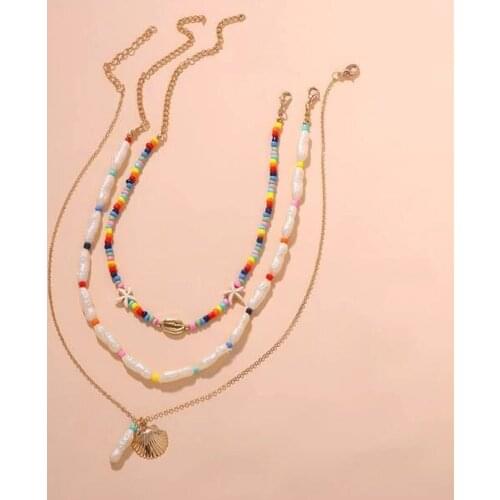 Glass Beads Imitation baroque pearl choker layered necklaces 3 in one 3 pcs necklace summer starfish sea shell pendant necklace