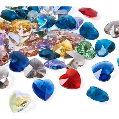 50pcs 10/14/18mm Glass Crystal Mixed Color Faceted Heart Pendants Love Charms for Valentines Day Jewelry Hole: 1mm