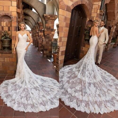2021 Wedding Dresses Lace Appliques Mermaid Bridal Gowns Sexy Spaghetti Straps Open Back Wedding Dress Vestidos De Novia