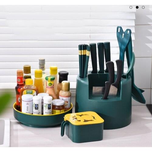 Rotating Spice Rack Non-skid Spice Storage Tray Kitchen Utensil Holder Knife Stand Tableware Drain Storage Box Kitchen Organizer