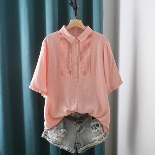 FairyNatural Women Pleated Turn Down Collar Soft Tops Cotton Yarn Short Sleeve Female Shirts 2021 Summer