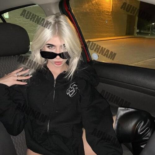 Harajuku Anime cartoon print Women Hoodies Gothic Black Long Sleeve Jacket Coat Punk Dark Oversized Zipper Female Sweatshirts