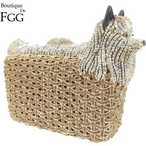 Boutique De FGG Pink-Bow Doggy Puppy Women Gold Crystal Clutch Evening Bags Wedding Party Handbags Dog Minaudierer Purses Bag