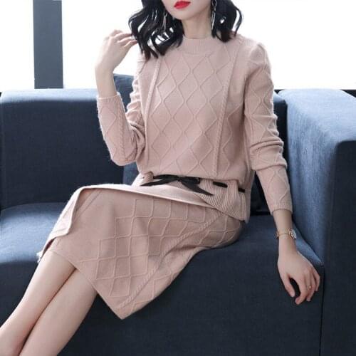 Set autumn and winter casual fashion ladies suit solid color thick knit sweater knitted skirt set loose wild two-piece suit