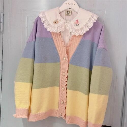 2021 Mori Girl Autumn Winter Women Sweater V Neck Striped Knitted Pastel Outerwear Cute Kawaii Loose Knitted Rainbow Cardigan