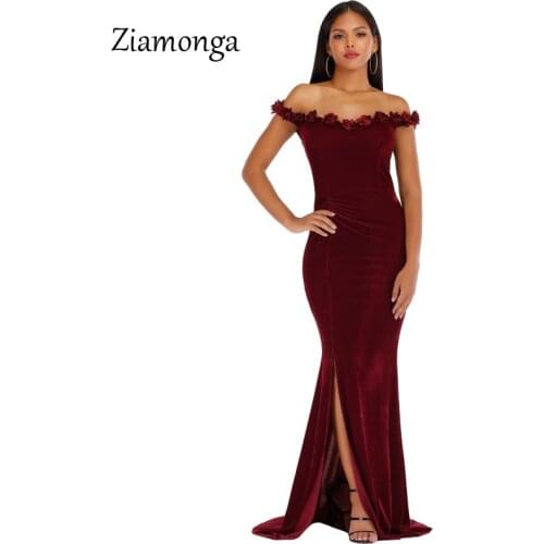 Ziamonga 2020 Velvet Split Sexy Party Dress Women Off Shoulder Strapless Maxi Long Dress Bodycon Female Elegant Club Lace Dress