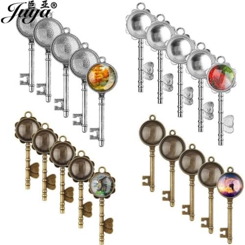 40pcs/lot Alloy Key Pendant Base Glass Cabochon Cameo Set For Necklaces Keychains Findings Crafts DIY Jewelry Making Wholesales
