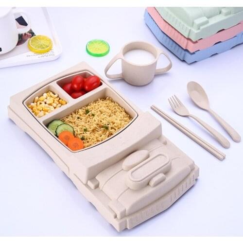 5 pcs Creative Bamboo fiber baby train shape Dinnerware plate Tray cartoon shatter-resistant cute Cup lunch box childrens bowl