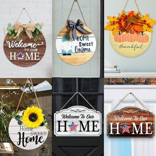 Wooden Welcome Home Sign Front Porch Hanging Decor Round Wreath Home Art Accessories Ornaments Pendant Door Sign Home Wall Sign