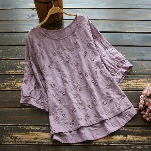 Fashion New Summer Women T-shirt Mori Girl Simple Floral Embroidery Women Solid Color Half Sleeve Cotton t-shirt Tops 2020