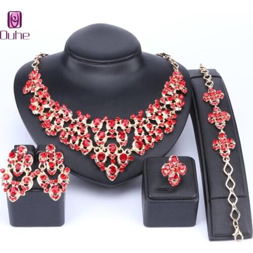 Trendy Design Wedding Red Rhinestone Gold Color Jewelry Sets Earrings Bracelets Necklace Rings For Women