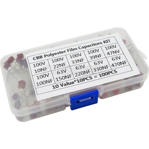 100PCS 10nF~470nF Metallized Polyester Film Capacitors Assortment Kit High precision and stability samples CBB capacitor set
