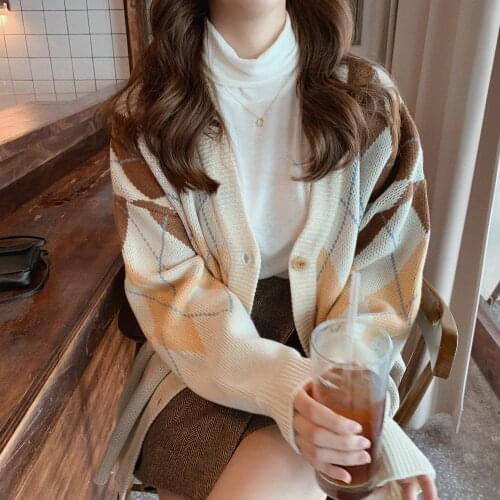 New Oversize Womens Sweaters Autumn Winter fashion Vintage Plaid V-Neck Cardigans Single Breasted Puff Sleeve Loose Cardigan