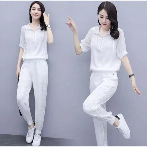New Fashion Leisure Sports Suit Womens Korean Loose Breathable Short Sleeve Top Nine Point Pants Quick Dry Sport Running Suit