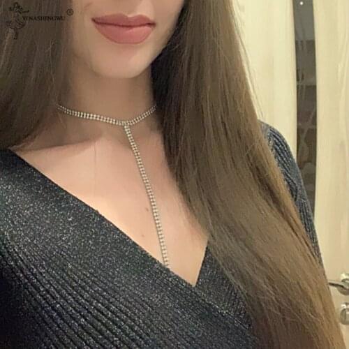 Long Tassel Rhinestone Choker Necklace Multilayer For Women Luxury Crystal V Collares Chockers Necklace Clavicle Chain Jewelry
