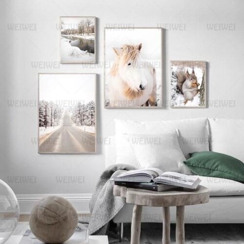 Landscape Canvas Painting Animals In Winter Snow and Snow On The Road Poster Home Decoration for Bedroom and Living Room