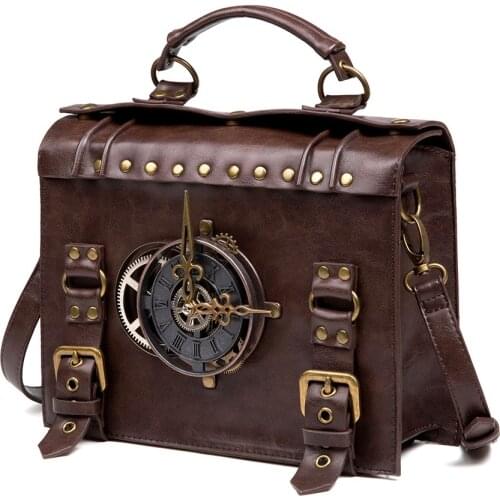 Womens Bag 2021 New Steampunk Industrial Retro Style Female One-shoulder Diagonal Bags PU Brown