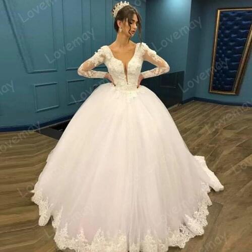 Princess Wedding Dresses Sexy Deep V Neck Long Sleeves Court Train 3D Flowers Bride Dresses Lace Up Back Vestido De Noiva