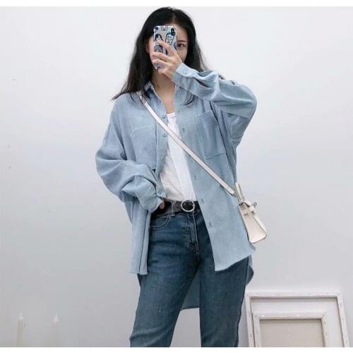 Corduroy Women Solid Shirts Harajuku Turn-Down Collar BF Shirt Female 2021 Spring Autumn Oversize Casual Ladies Tops
