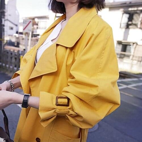 Windbreaker Plus Size Womens Clothing 2021 Spring Womens Midi Trench Coat with Belt Korean Loose Yellow Cotton