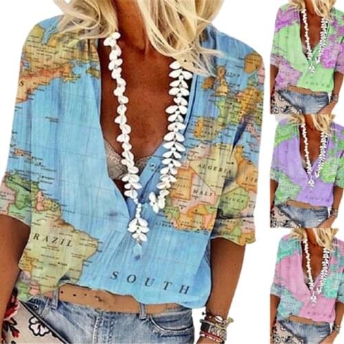 Fashion Half Button Map Print Top Women Casual Shirt Summer Loose V-Neck Quarter Sleeve Blouse Elegant Street Femme Clothing 2XL